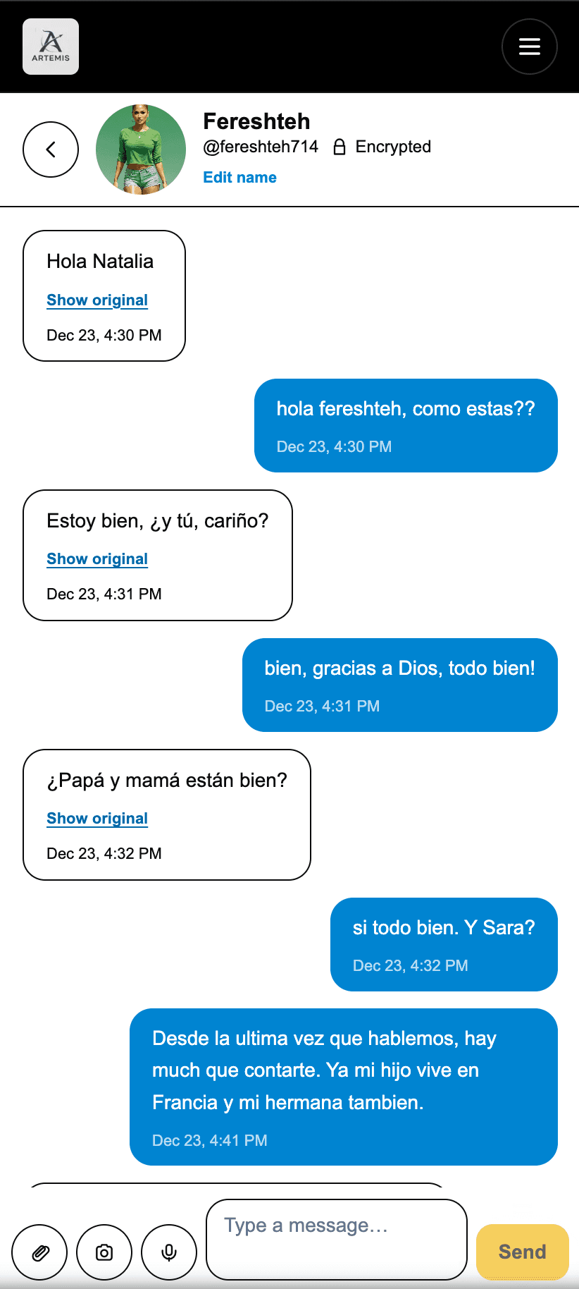 ArtemisChat Messages on mobile