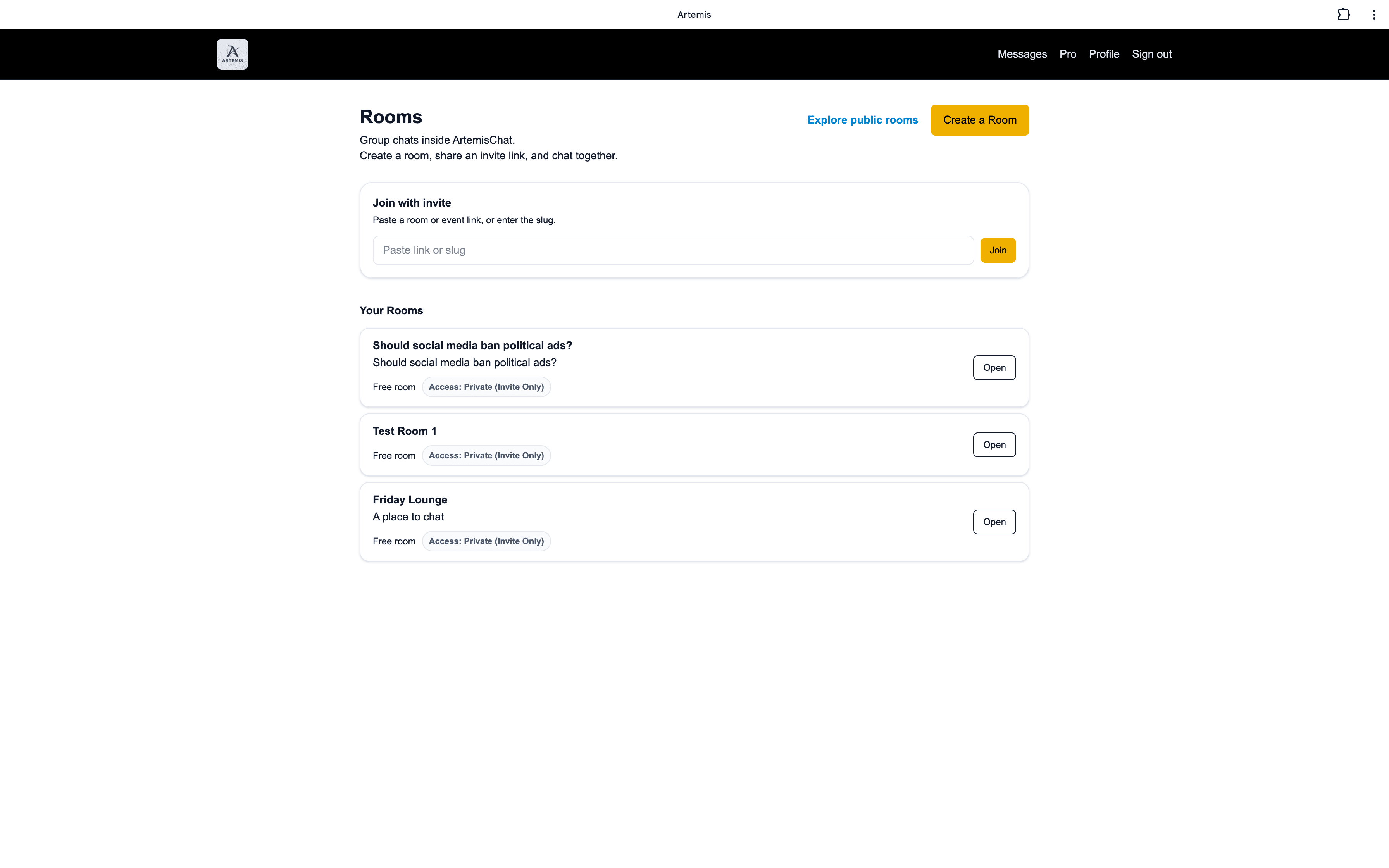 ArtemisChat Rooms